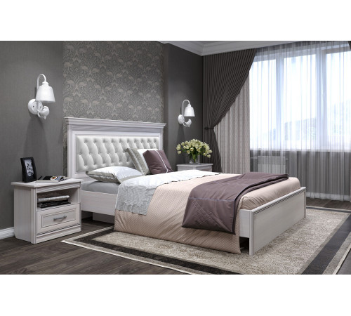 Кровать 1400/1600/1800 с подъемным механизмом Неаполь  Ясень анкор светлый (патина "серебро") экокожа polo белая Кровать 1400/1600/1800 с подъемным механизмом Неаполь  Ясень анкор светлый (патина "серебро") экокожа polo белая